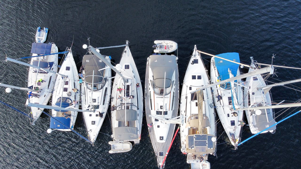 Drone shot of 8 boats